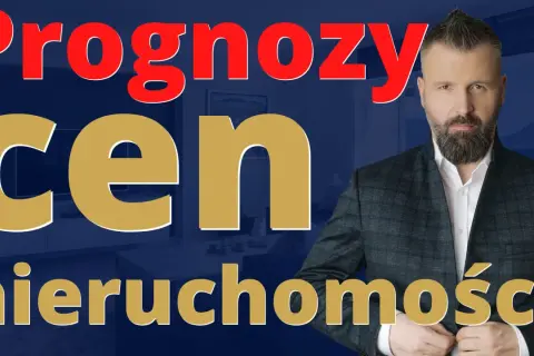Mężczyzna w garniturze na tle tekstu "Prognozy cen nieruchomości".